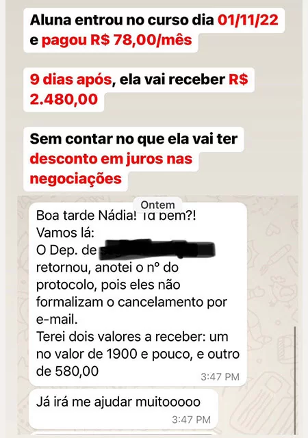 Aluna com R$ 2.480,00 a receber após 9 dias